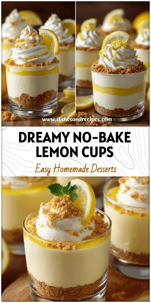 Creamy No Bake Lemon Cheesecake Cups layered in glass with whipped lemon mousse and crumbs.